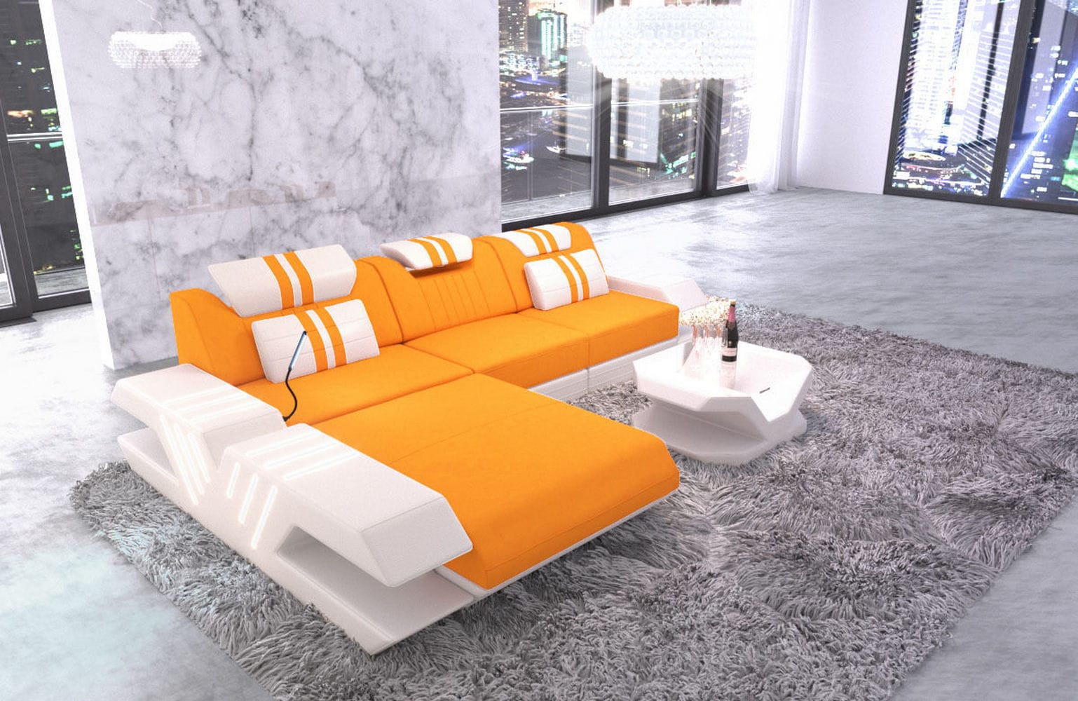 Stoff Sofa Venedig L-Form mit LED Apricot-Weiß