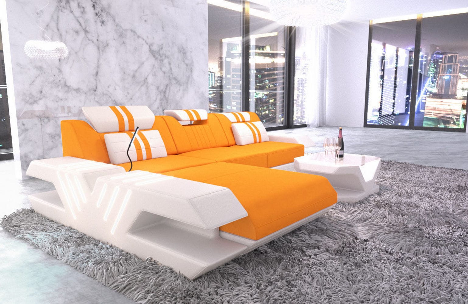 Stoff Sofa Venedig L-Form mit LED Apricot-Weiß