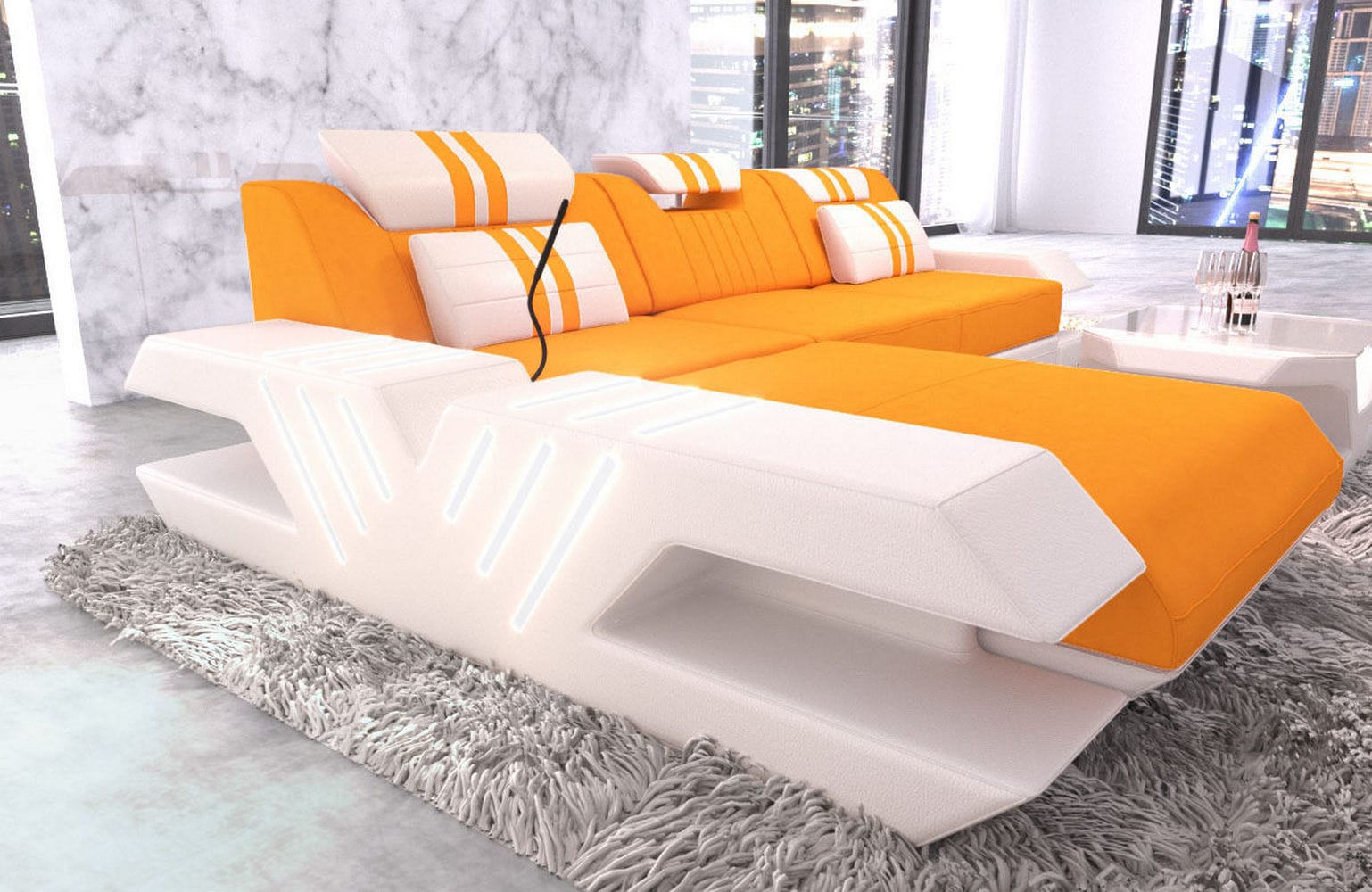 Stoff Sofa Venedig L-Form mit LED Apricot-Weiß