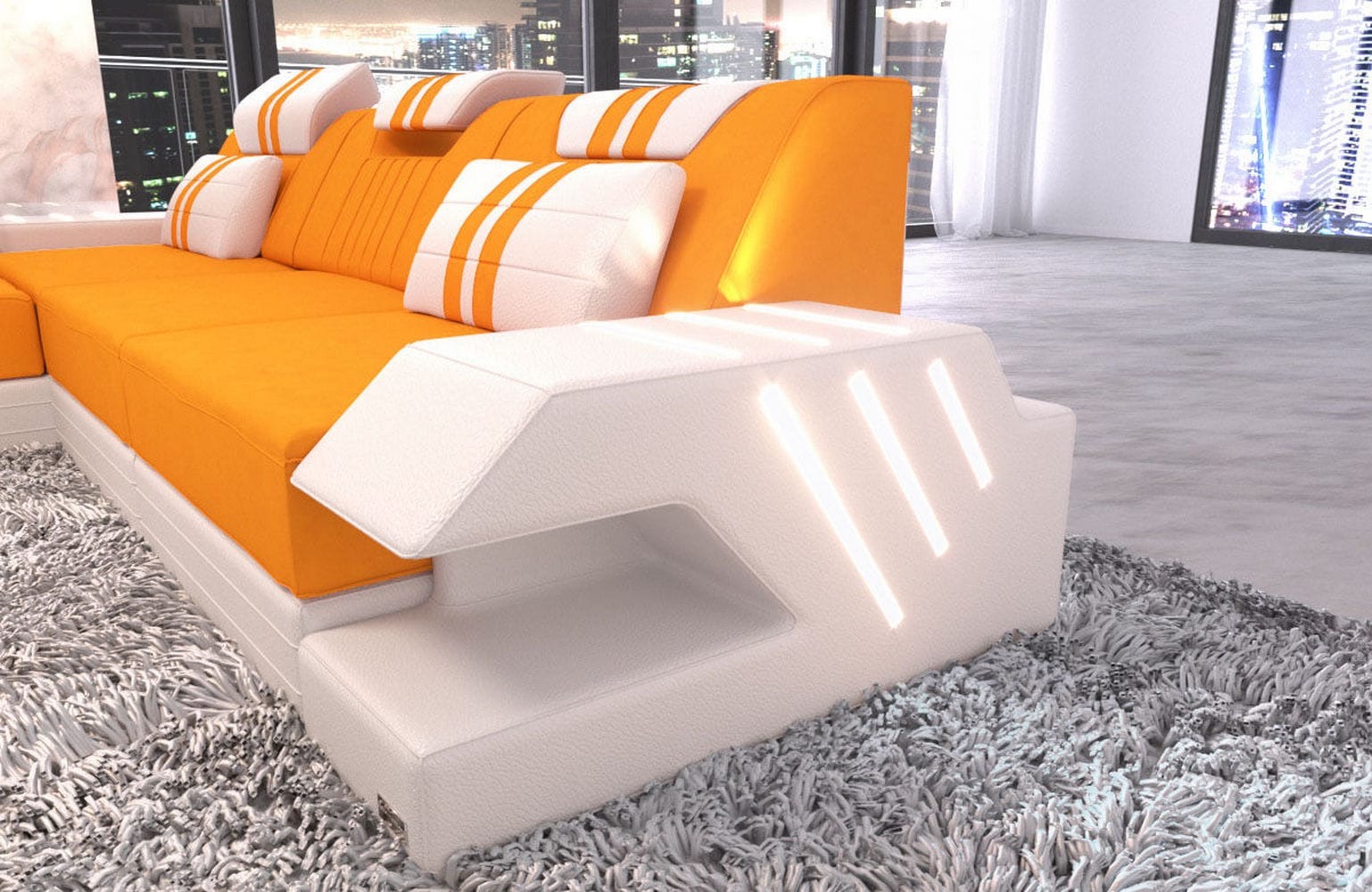 Stoff Sofa Venedig L-Form mit LED Apricot-Weiß