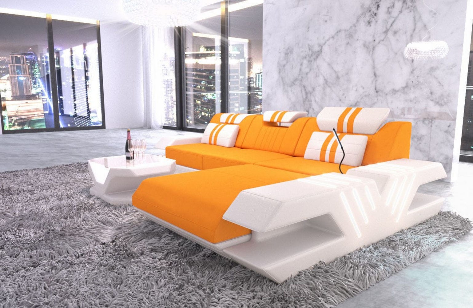 Stoff Sofa Venedig L-Form mit LED Apricot-Weiß