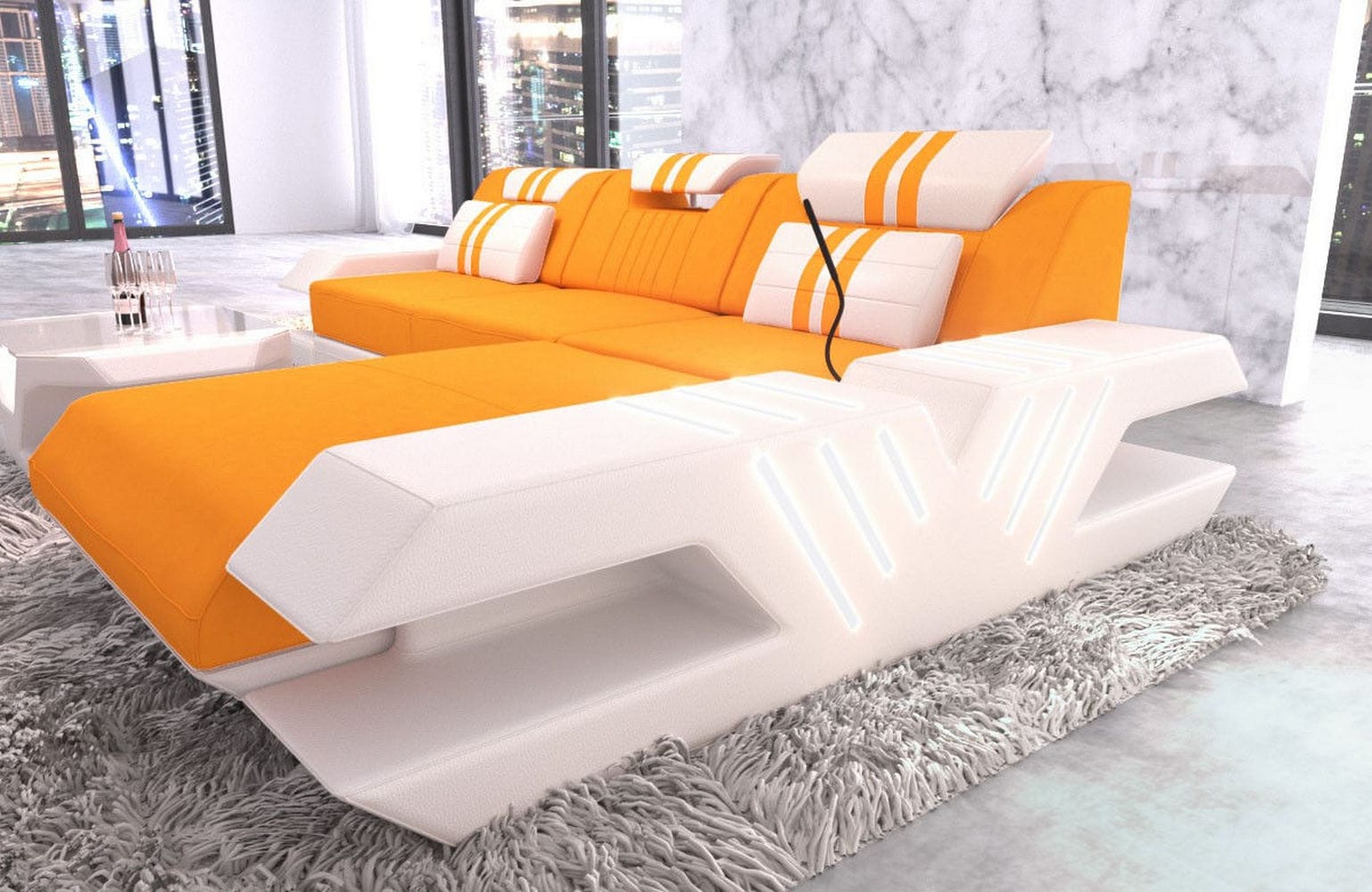 Stoff Sofa Venedig L-Form mit LED Apricot-Weiß