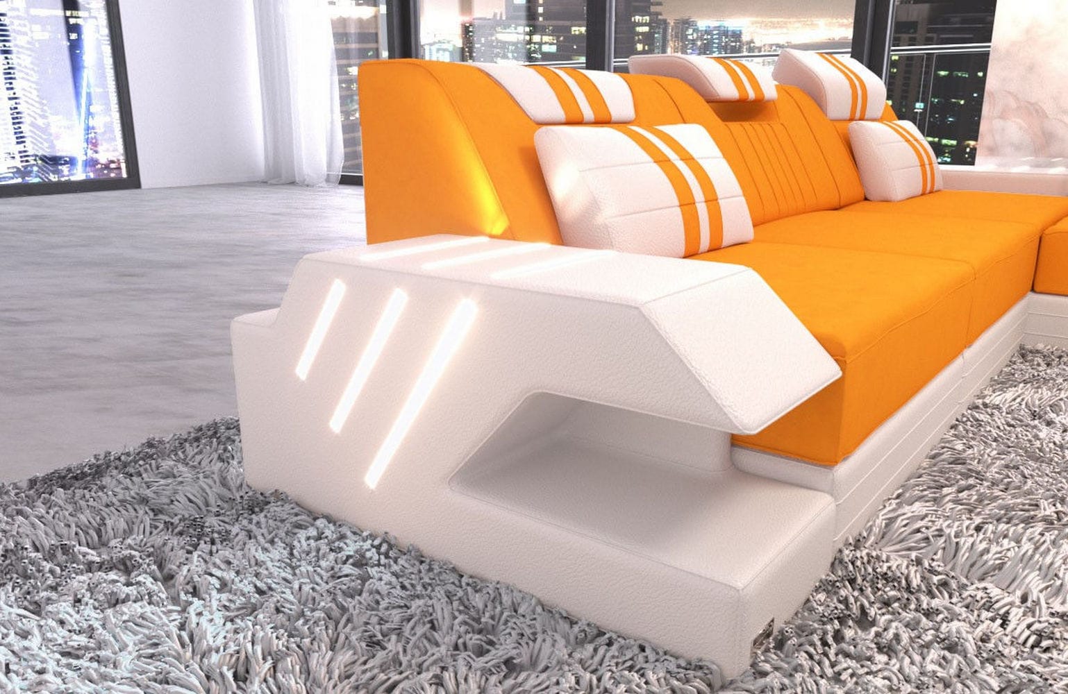 Stoff Sofa Venedig L-Form mit LED Apricot-Weiß