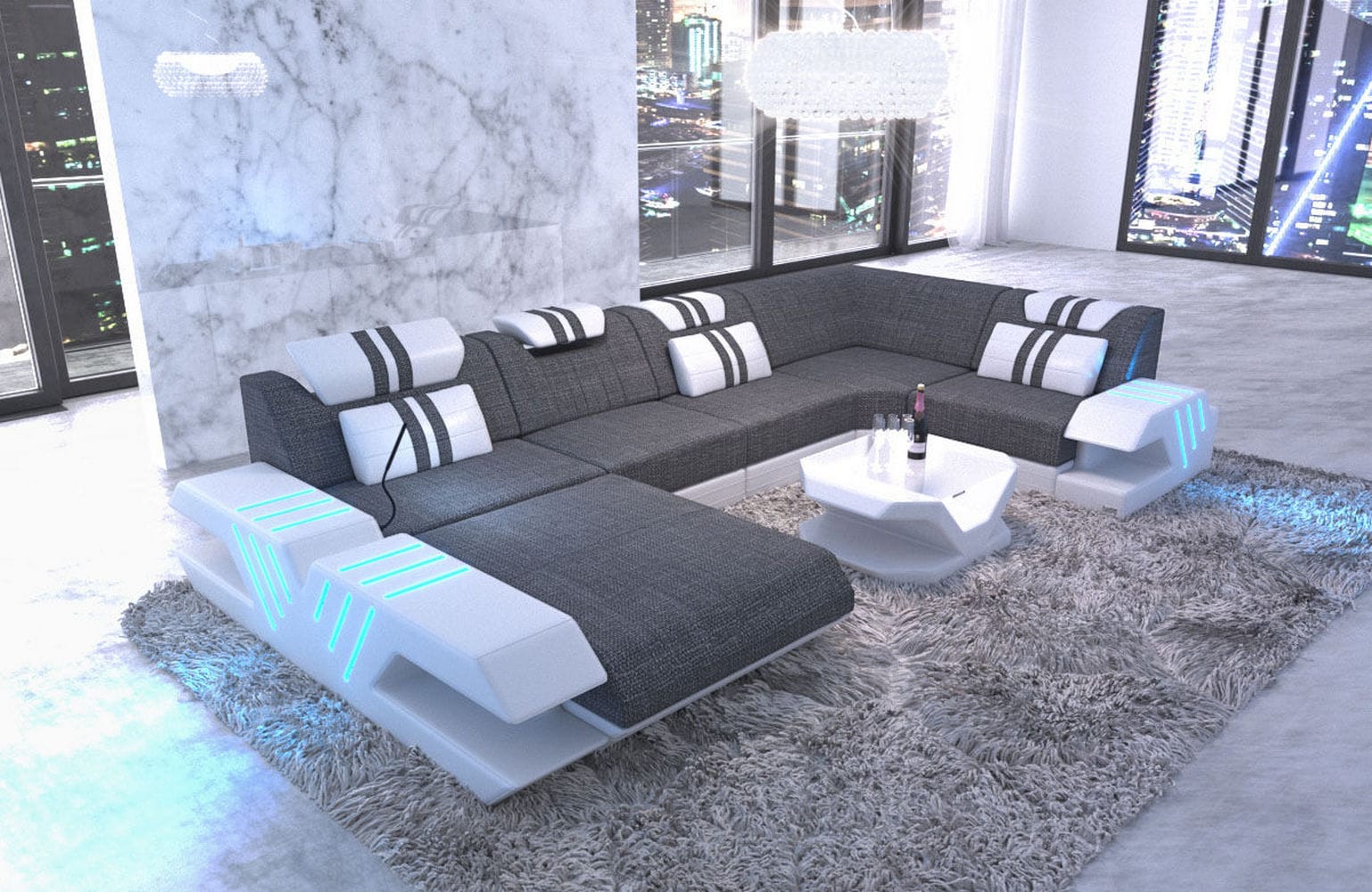 Couchlandschaft Venedig U-Form in Stoff grau-weiß