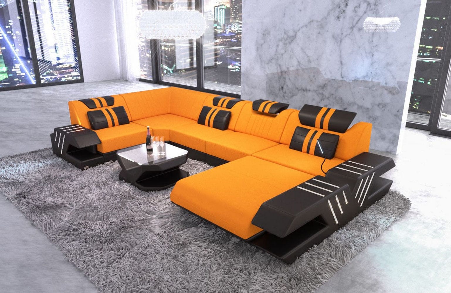 Couchlandschaft Venedig U-Form in Stoff Apricot-Schwarz