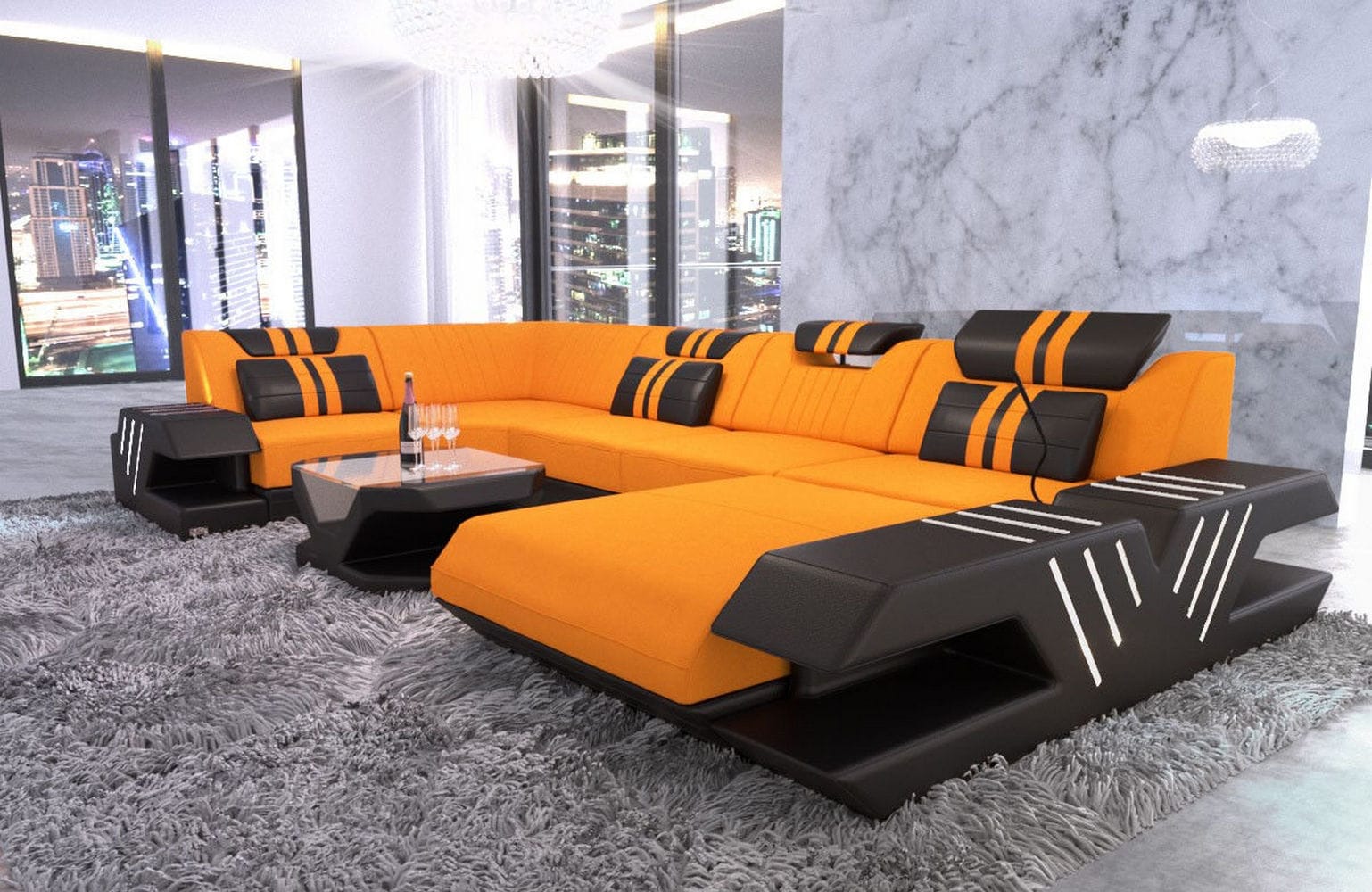 Couchlandschaft Venedig U-Form in Stoff Apricot-Schwarz