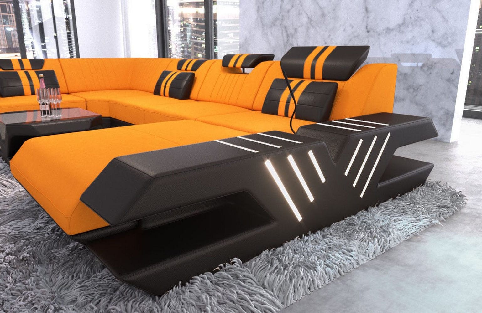 Couchlandschaft Venedig U-Form in Stoff Apricot-Schwarz