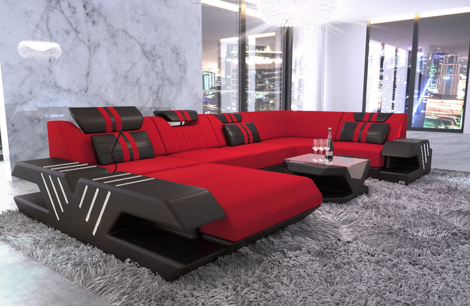 Couchlandschaft Venedig U-Form in Stoff Rot-Schwarz
