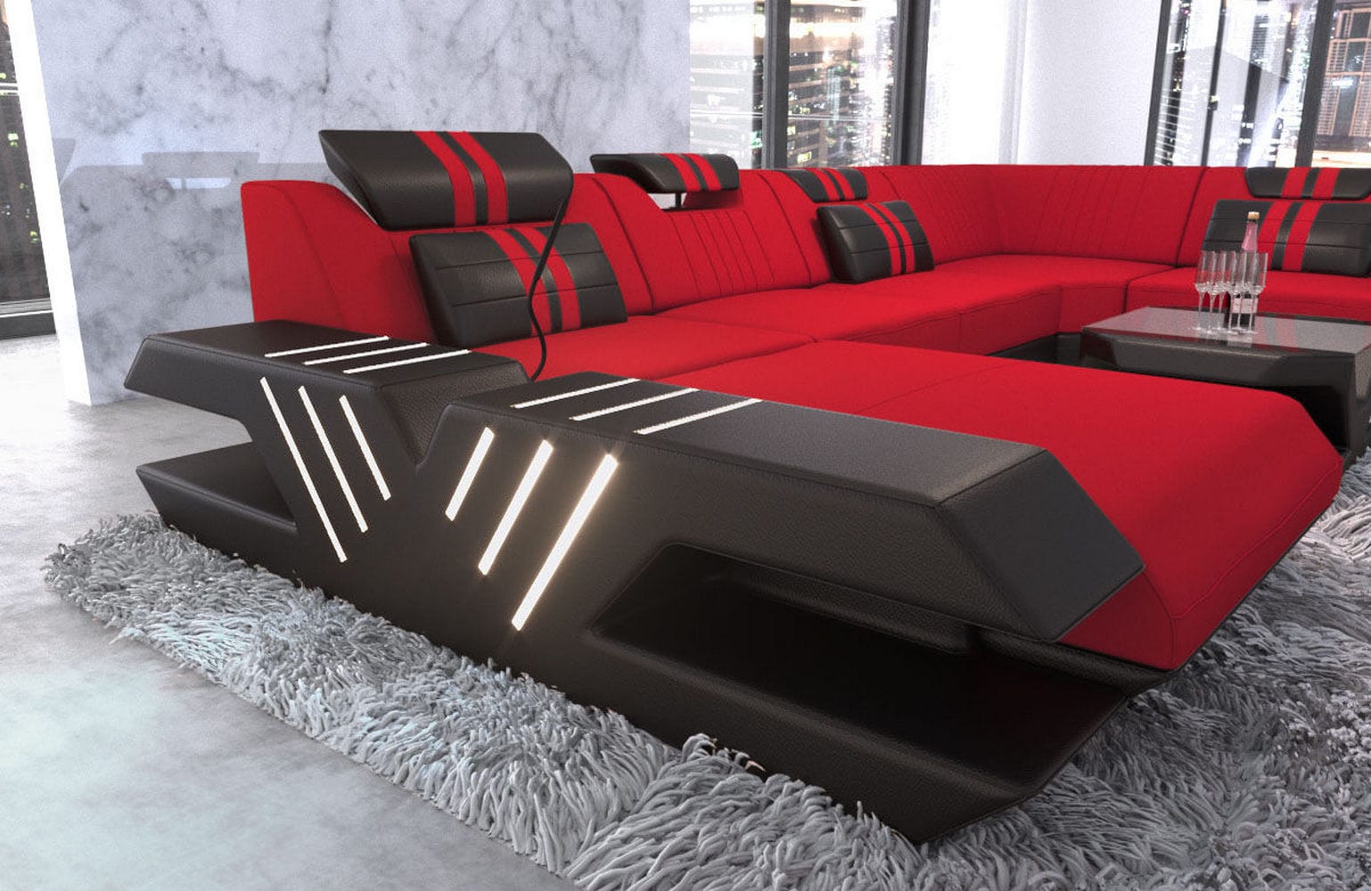 Couchlandschaft Venedig U-Form in Stoff Rot-Schwarz