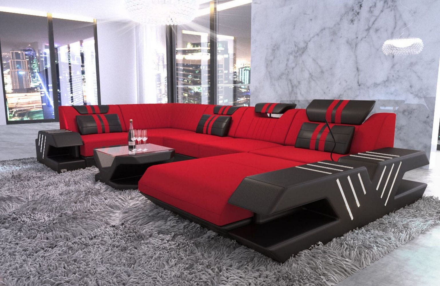 Couchlandschaft Venedig U-Form in Stoff Rot-Schwarz