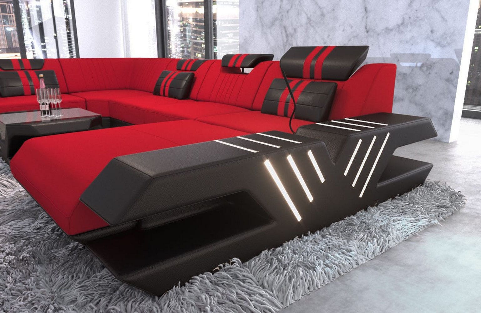 Couchlandschaft Venedig U-Form in Stoff Rot-Schwarz