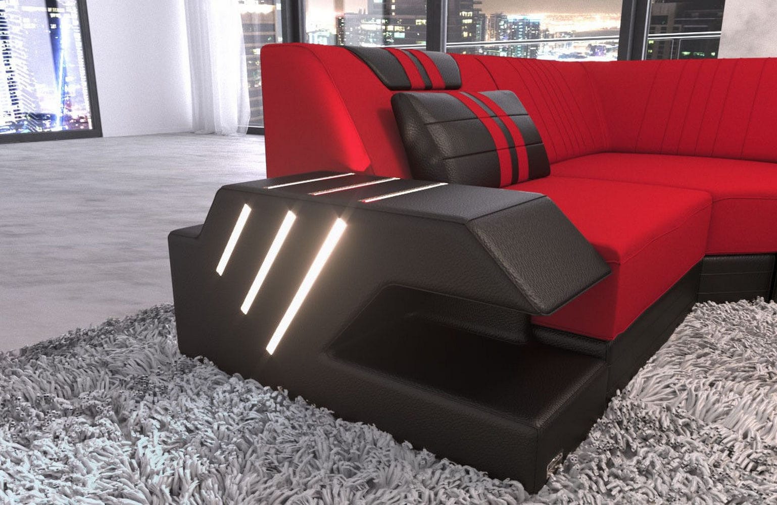 Couchlandschaft Venedig U-Form in Stoff Rot-Schwarz