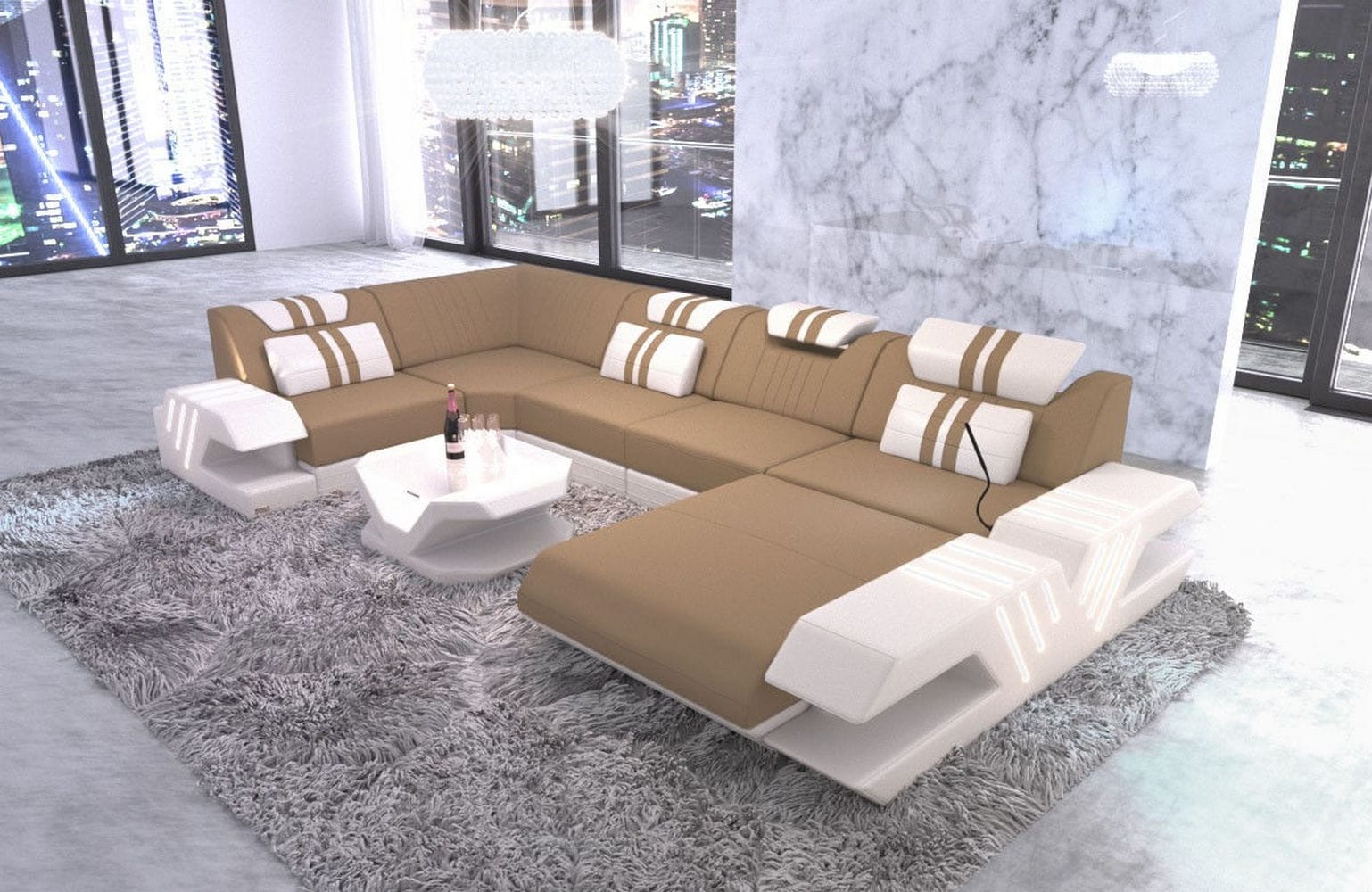 Couchlandschaft Venedig U-Form in Stoff Cappuccino-Weiß