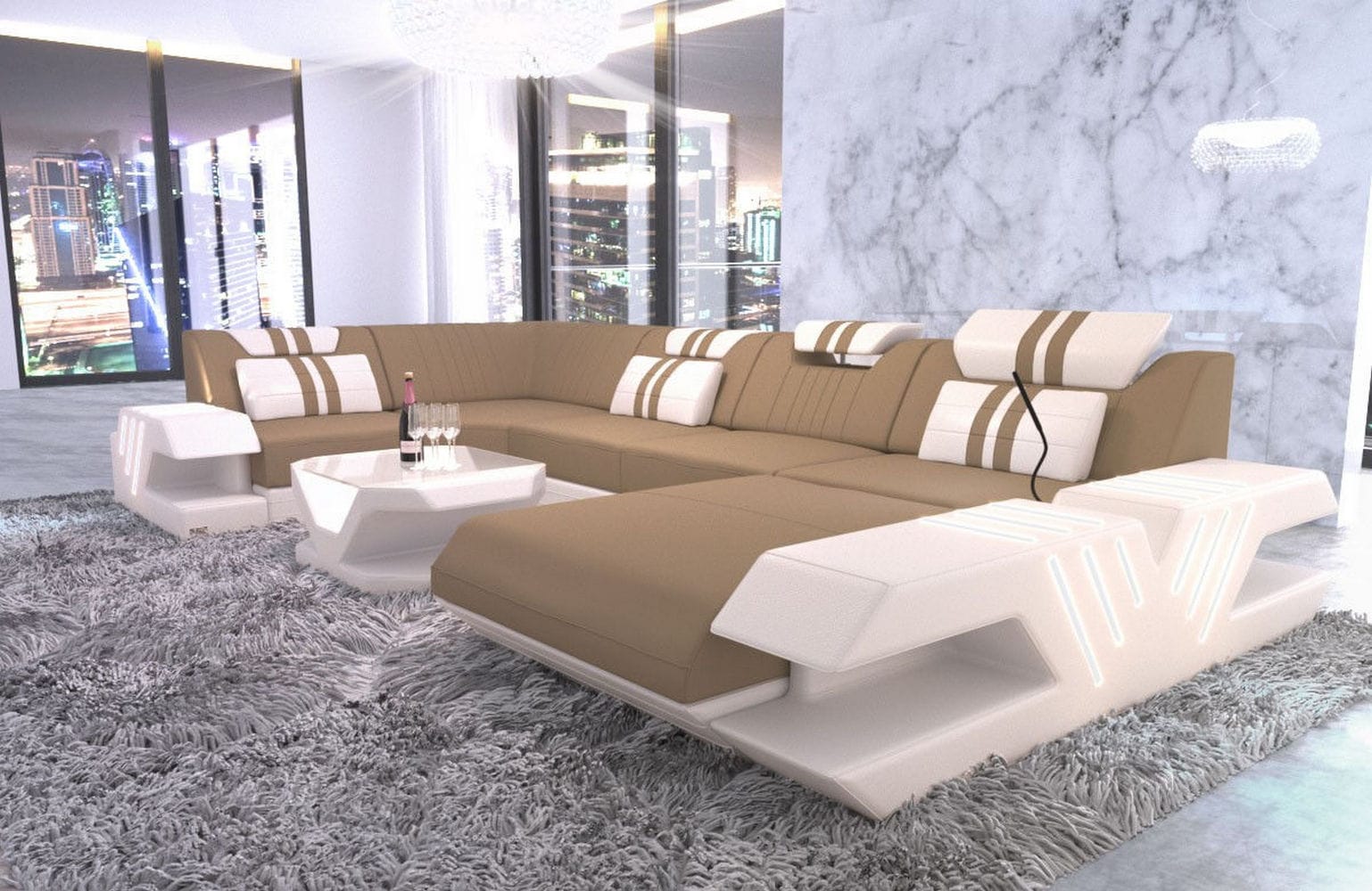 Couchlandschaft Venedig U-Form in Stoff Cappuccino-Weiß