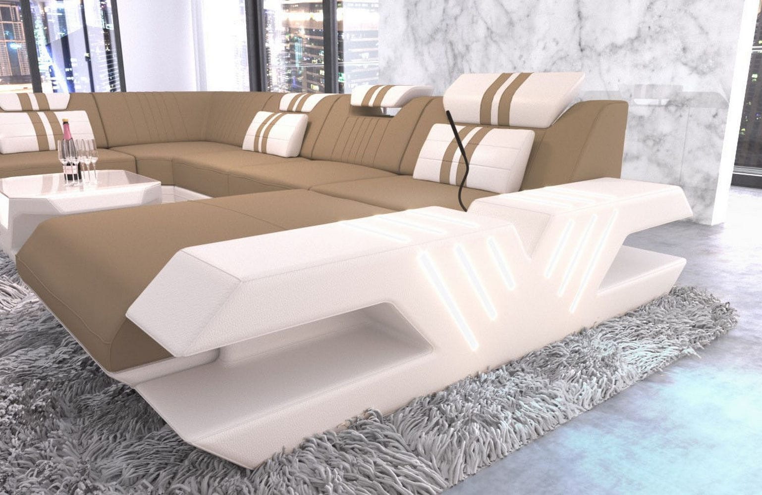Couchlandschaft Venedig U-Form in Stoff Cappuccino-Weiß