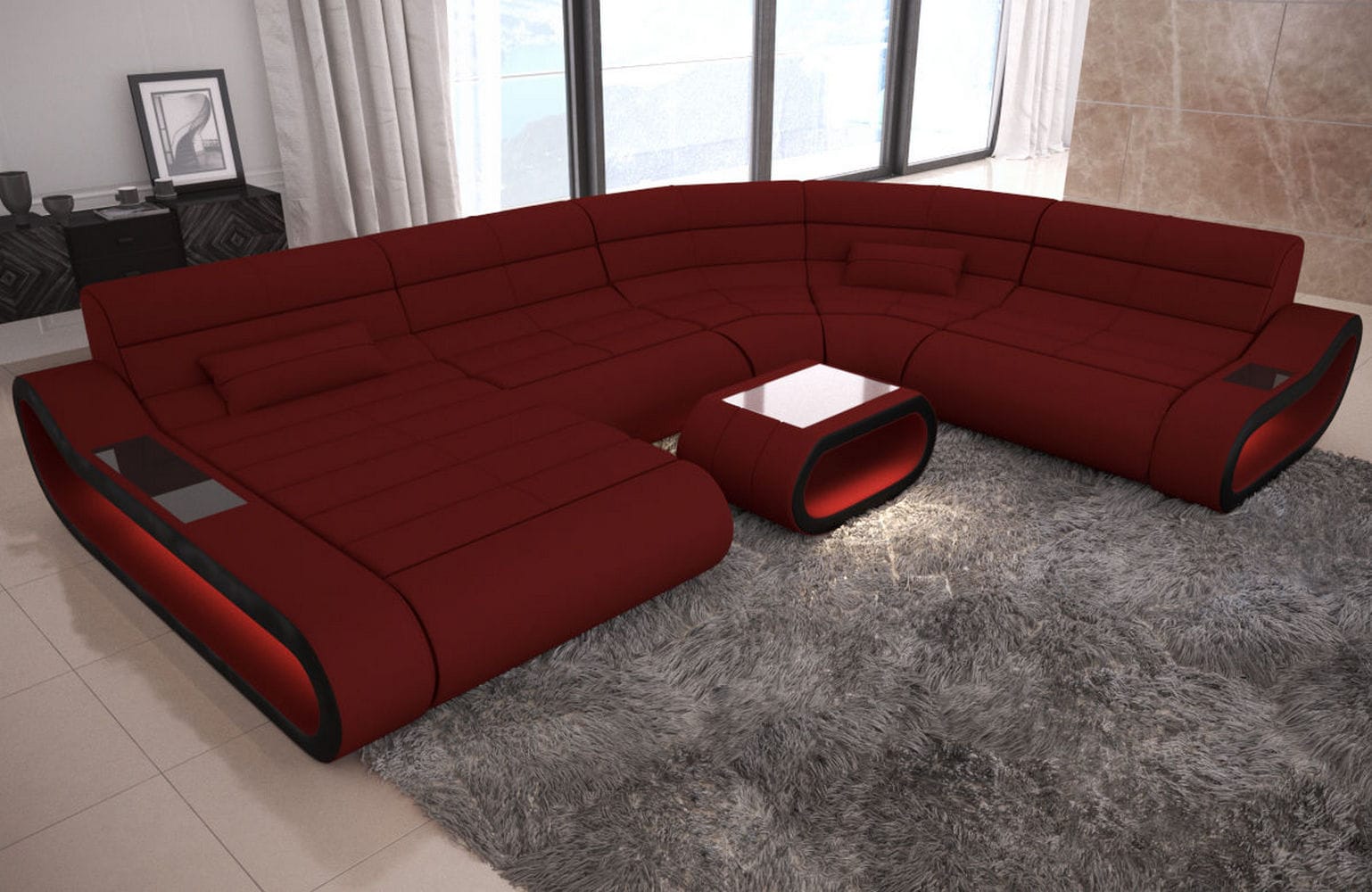 Big Couch Concept Stoff-Mix XXL Dunkelrot-Schwarz