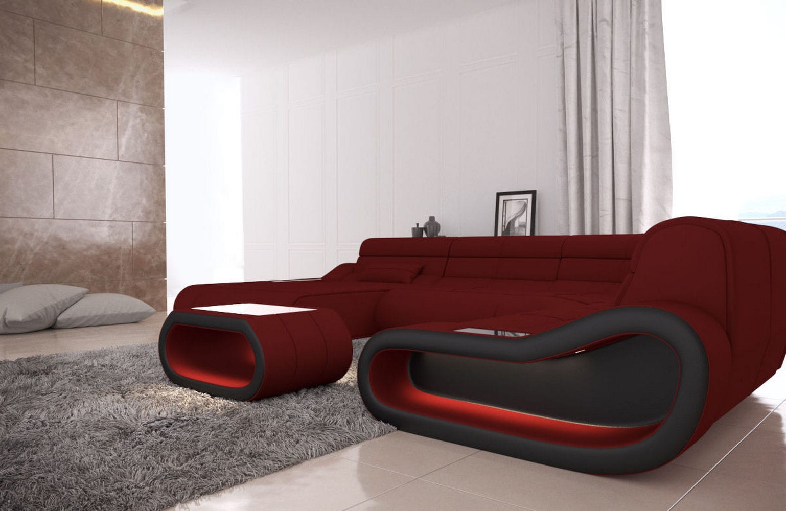 Big Couch Concept Stoff-Mix XXL Dunkelrot-Schwarz