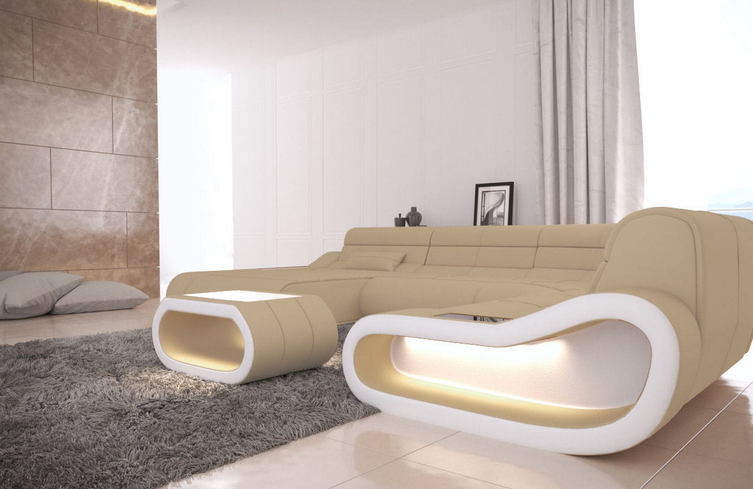 Big Couch Concept Stoff-Mix XXL Beige-Weiß