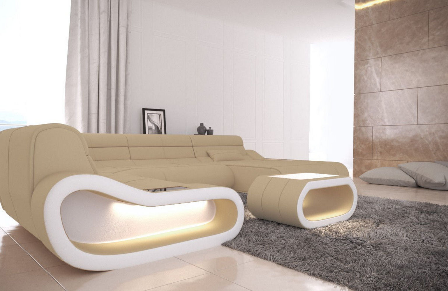 Big Couch Concept Stoff-Mix XXL Beige-Weiß