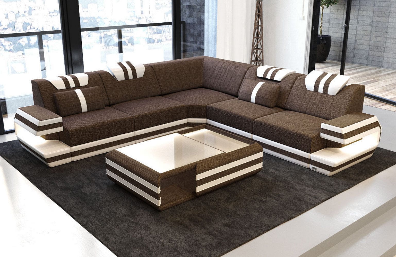 Couch Ragusa L-Form in Stoff Braun-Weiß