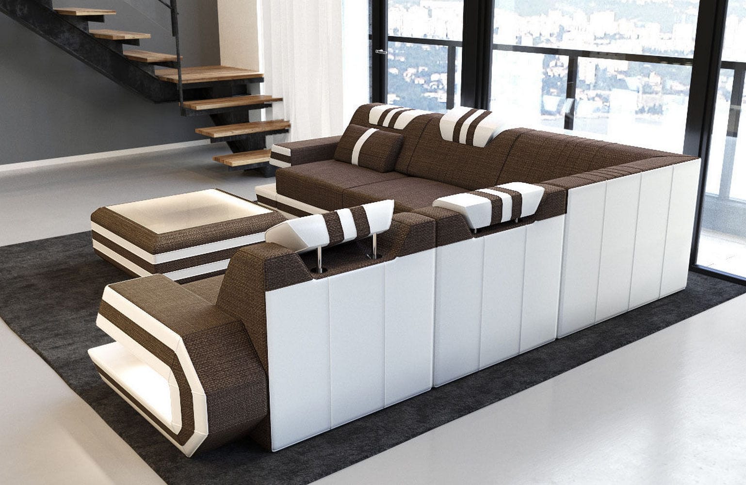Couch Ragusa L-Form in Stoff Braun-Weiß