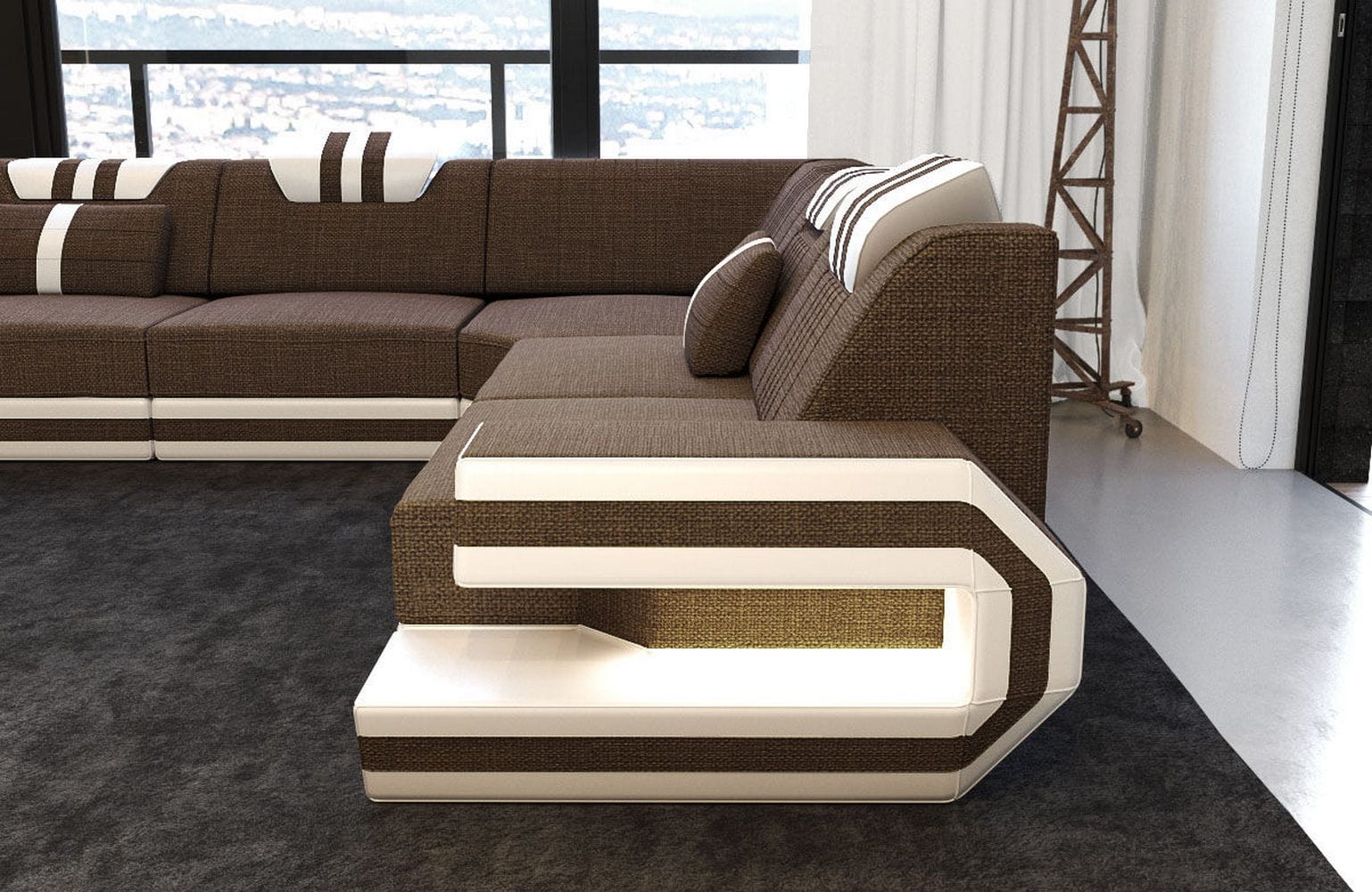 Couch Ragusa L-Form in Stoff Braun-Weiß