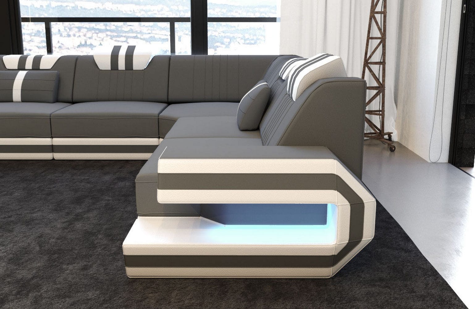 Couch Ragusa L-Form in Stoff Grau-Weiß