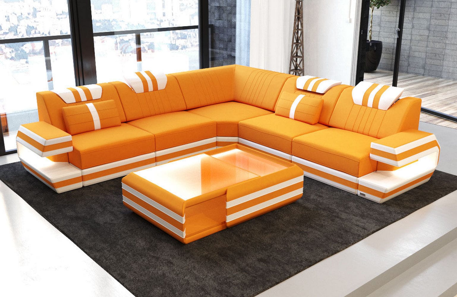 Couch Ragusa L-Form in Stoff Apricot-Weiß