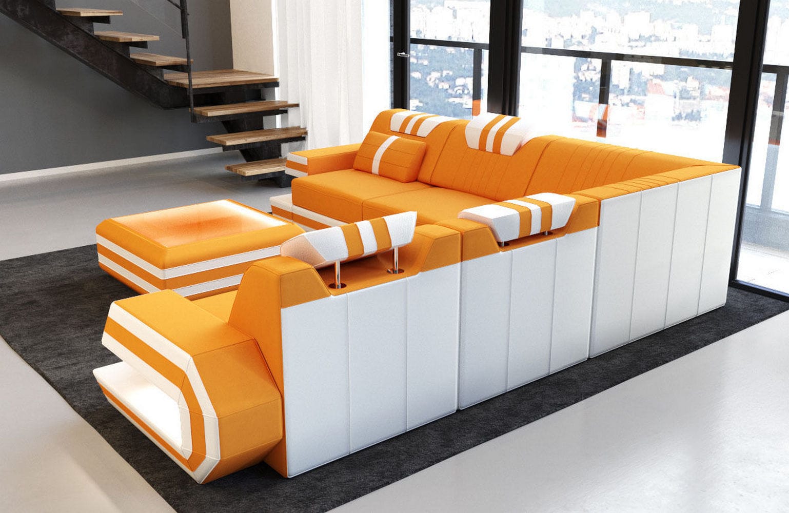 Couch Ragusa L-Form in Stoff Apricot-Weiß