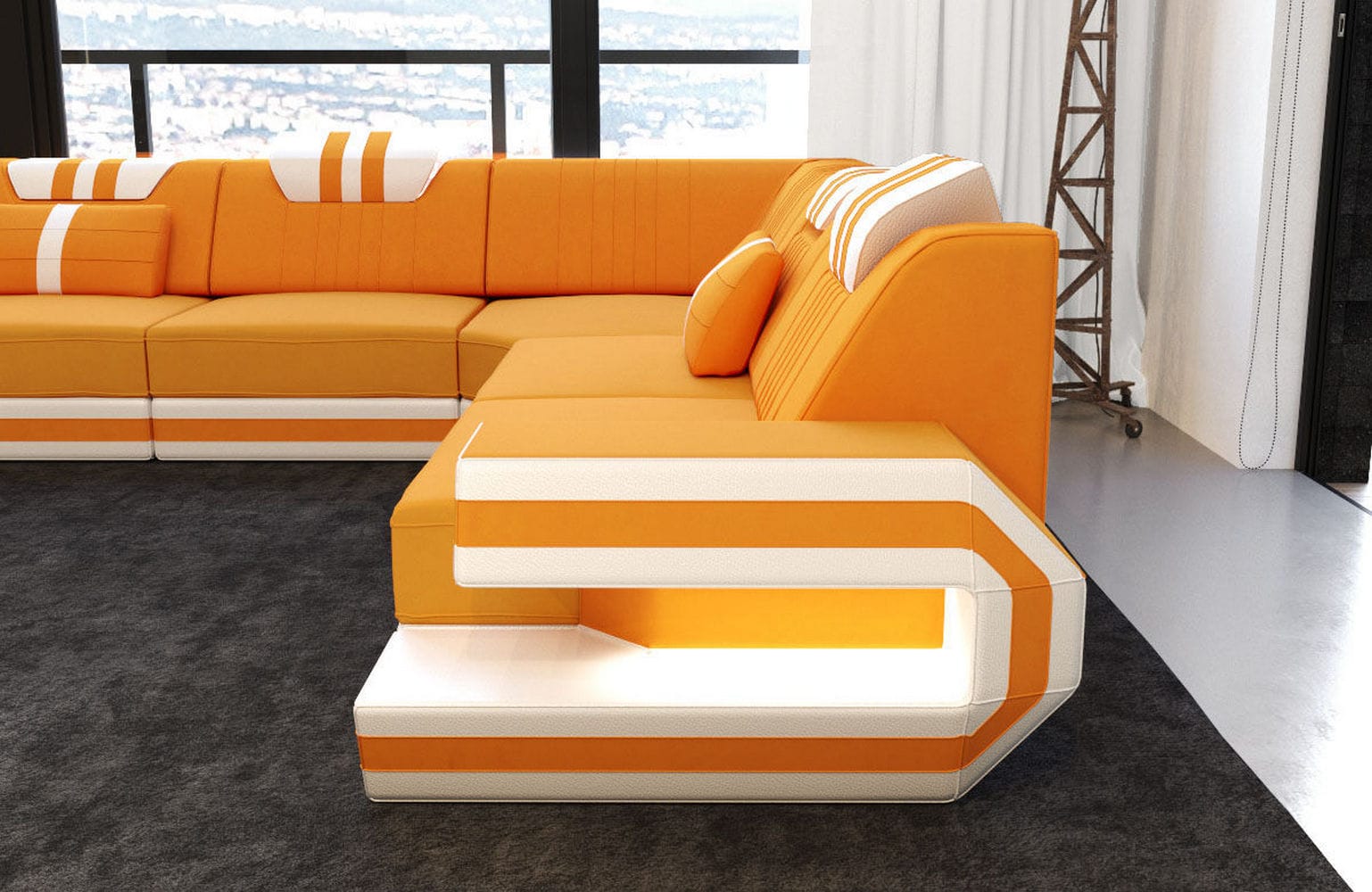 Couch Ragusa L-Form in Stoff Apricot-Weiß