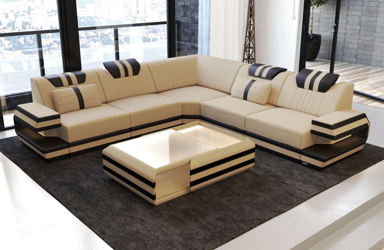 Couch Ragusa L-Form in Stoff Beige-Schwarz