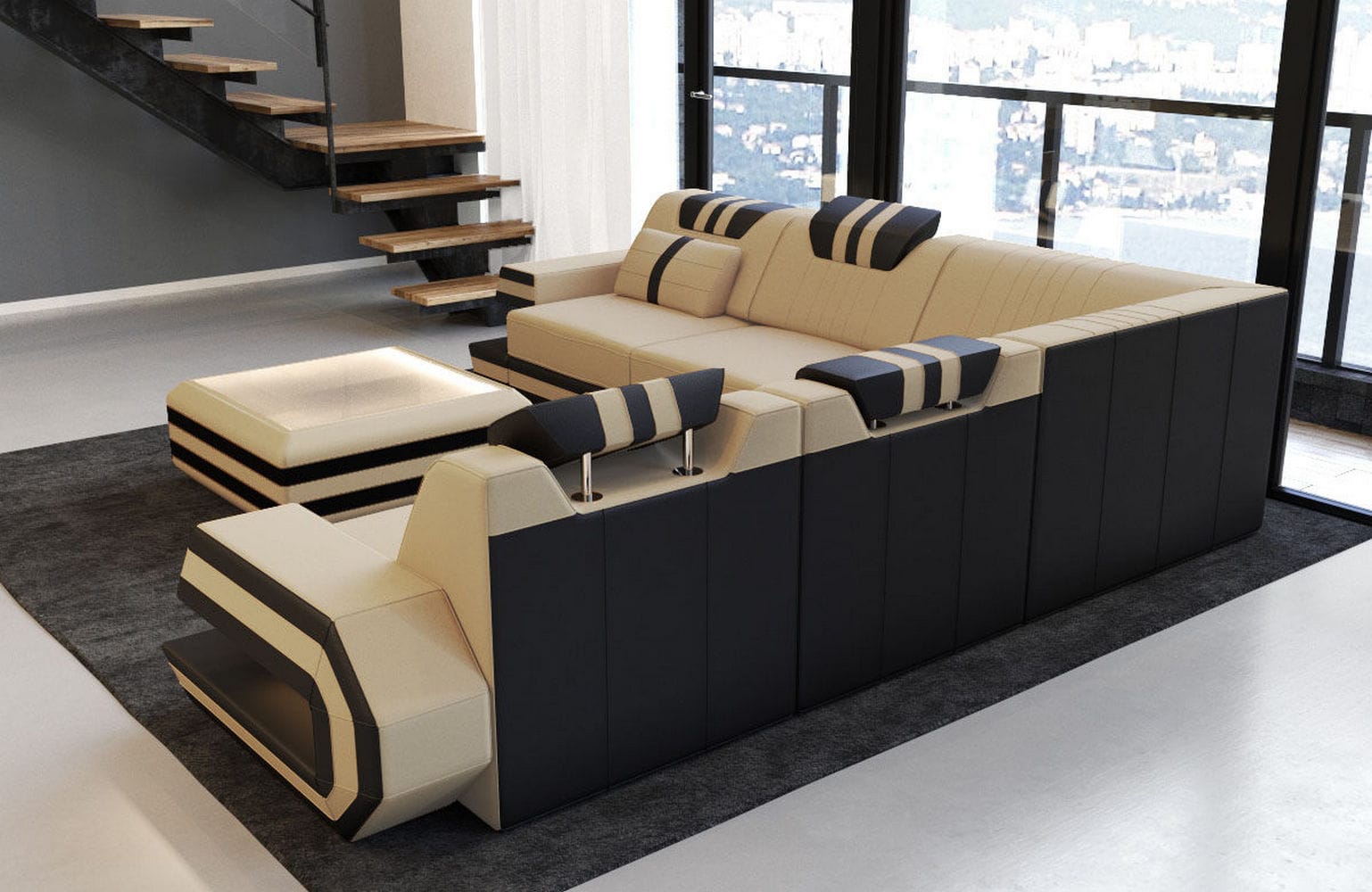 Couch Ragusa L-Form in Stoff Beige-Schwarz