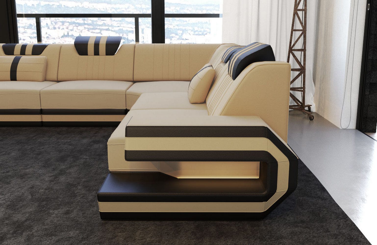Couch Ragusa L-Form in Stoff Beige-Schwarz