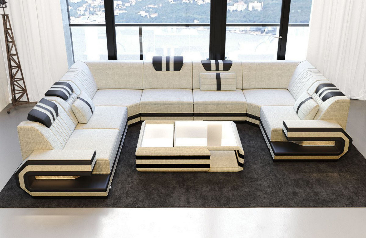 Sofa Ragusa U-Form mit Stoffbezug Elfenbein-Schwarz