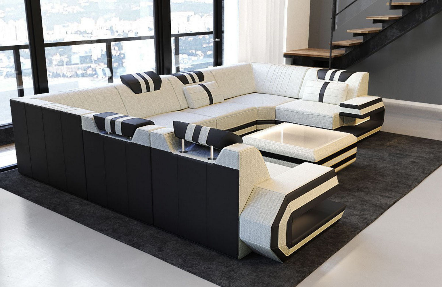 Sofa Ragusa U-Form mit Stoffbezug Elfenbein-Schwarz