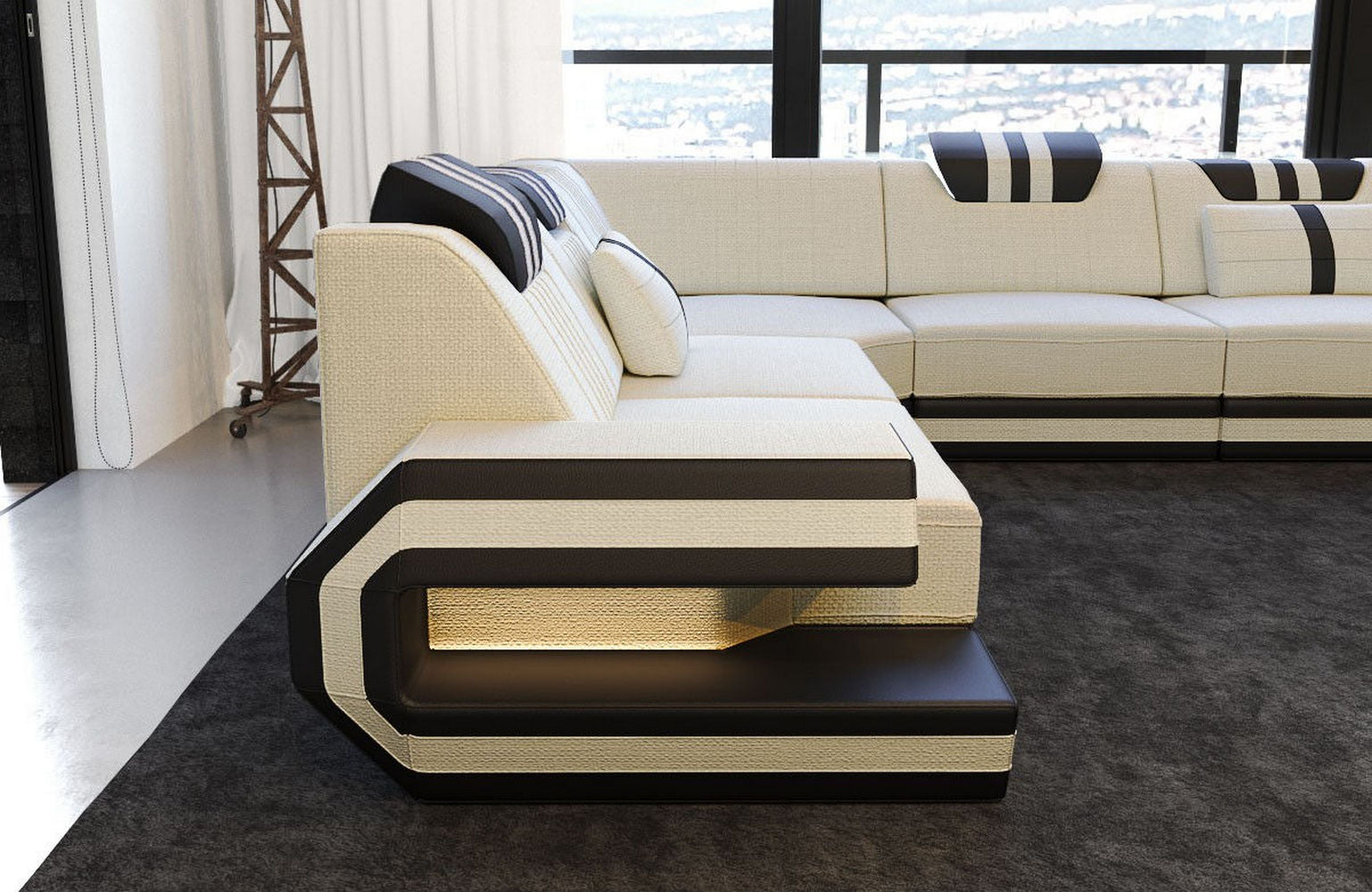 Sofa Ragusa U-Form mit Stoffbezug Elfenbein-Schwarz