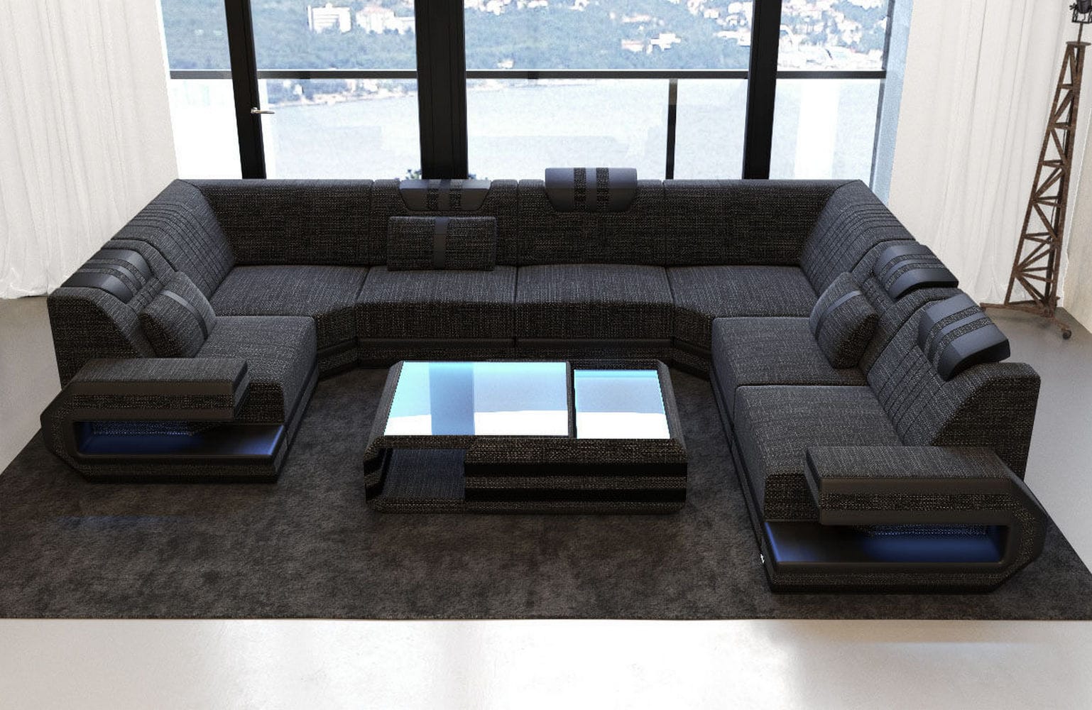 Wohnlandschaft Ragusa U-Form aus Stoff Schwarzgrau-Schwarz
