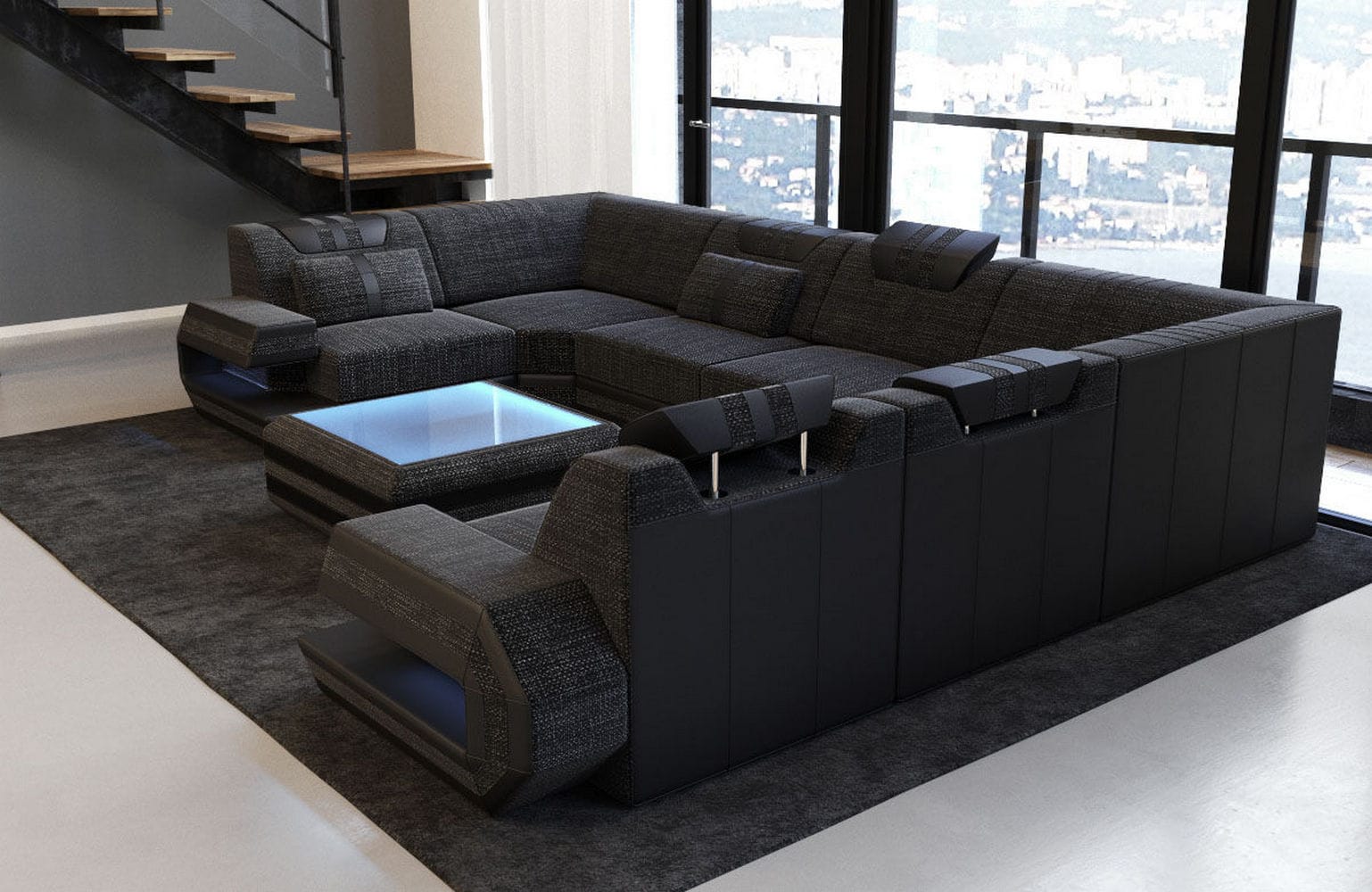 Wohnlandschaft Ragusa U-Form aus Stoff Schwarzgrau-Schwarz