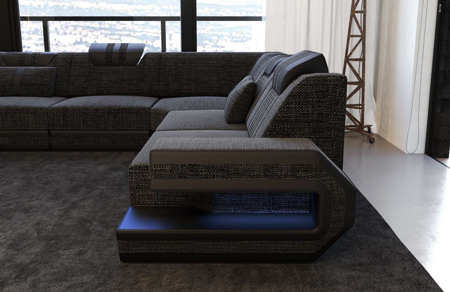 Wohnlandschaft Ragusa U-Form aus Stoff Schwarzgrau-Schwarz