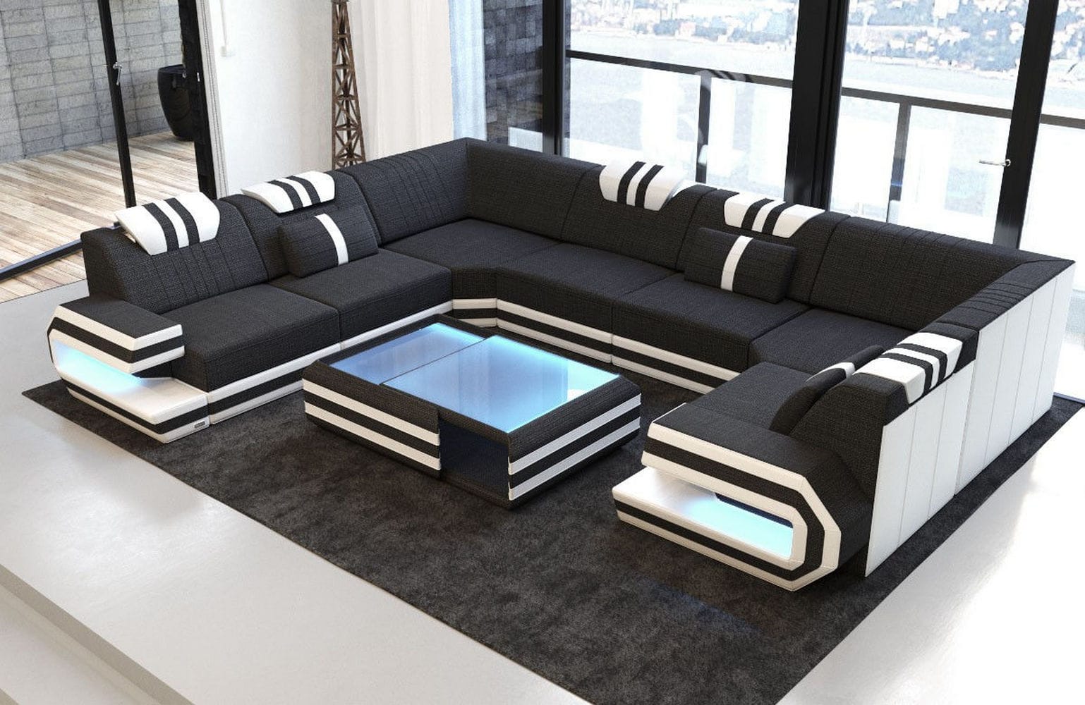 Wohnlandschaft Ragusa U-Form aus Stoff Schwarz-Weiß