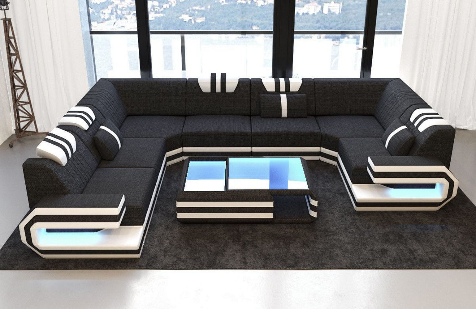 Wohnlandschaft Ragusa U-Form aus Stoff Schwarz-Weiß