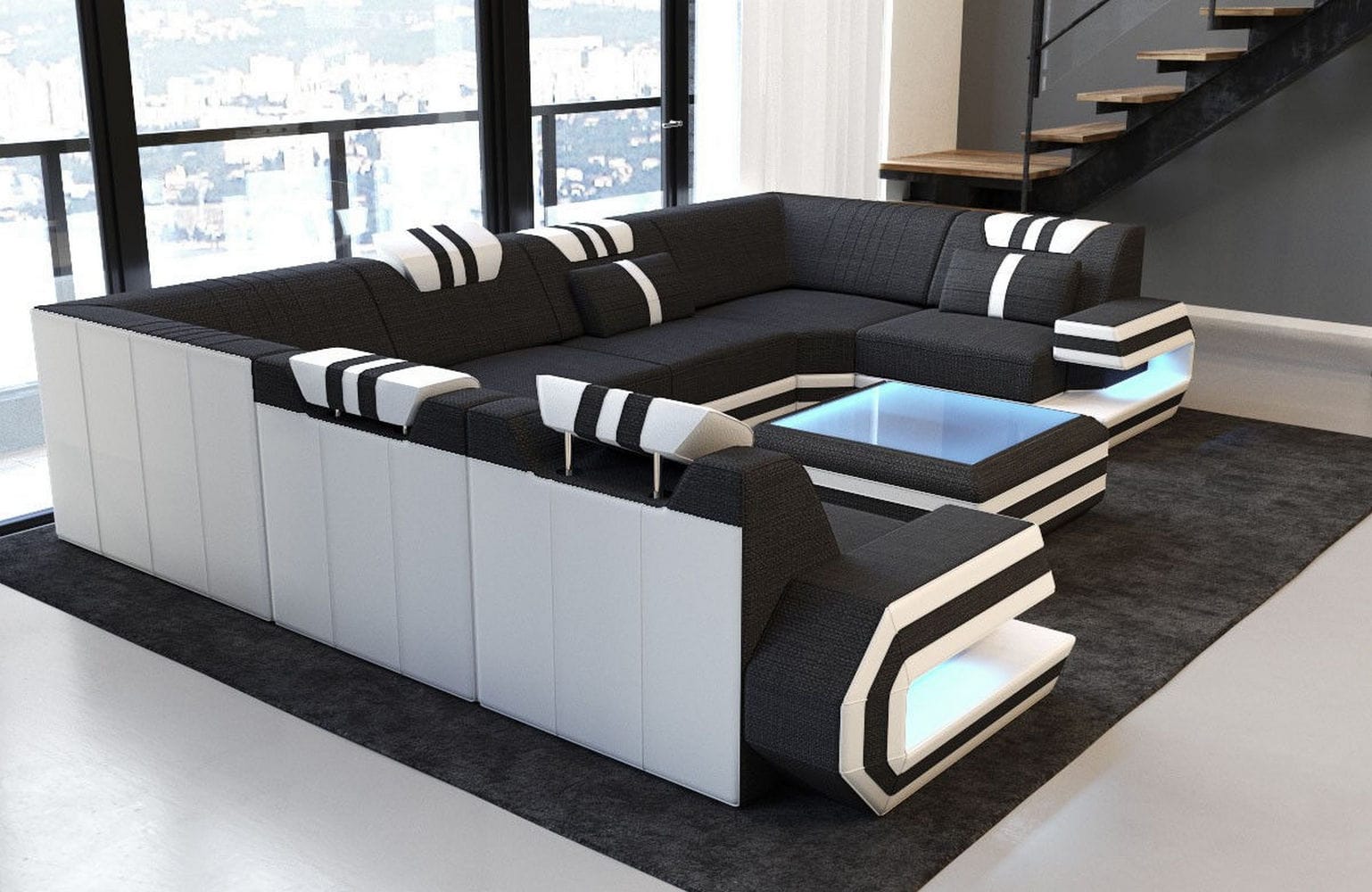 Wohnlandschaft Ragusa U-Form aus Stoff Schwarz-Weiß