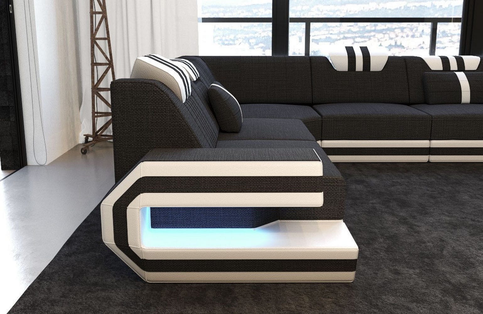Wohnlandschaft Ragusa U-Form aus Stoff Schwarz-Weiß