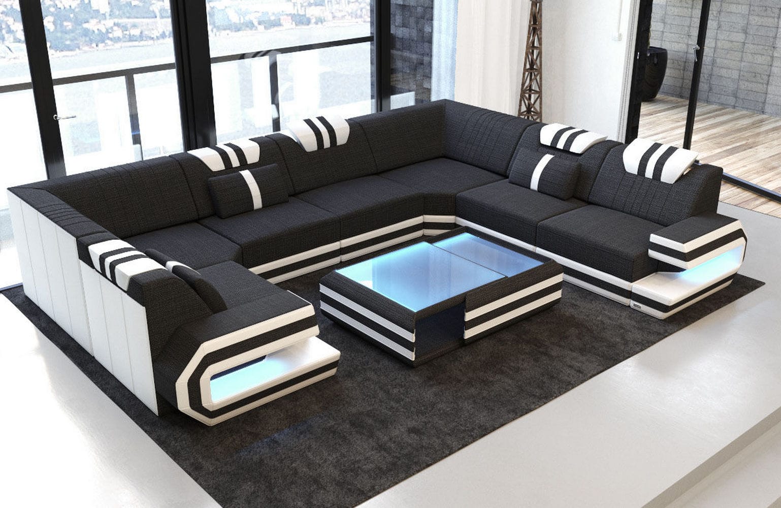 Sofa Ragusa U-Form mit Stoffbezug Schwarz-Weiß