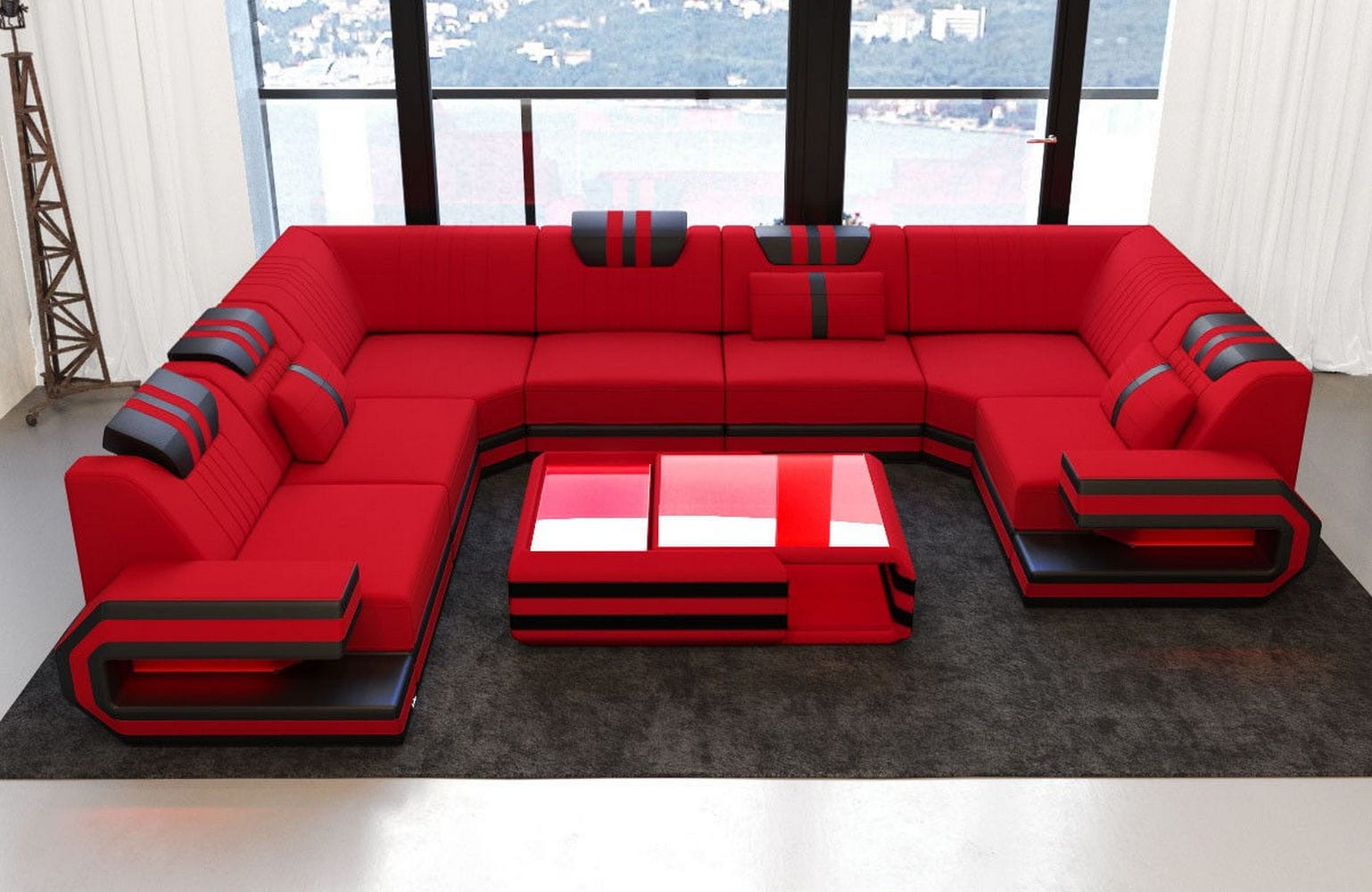 Wohnlandschaft Ragusa U-Form aus Stoff Rot-Schwarz