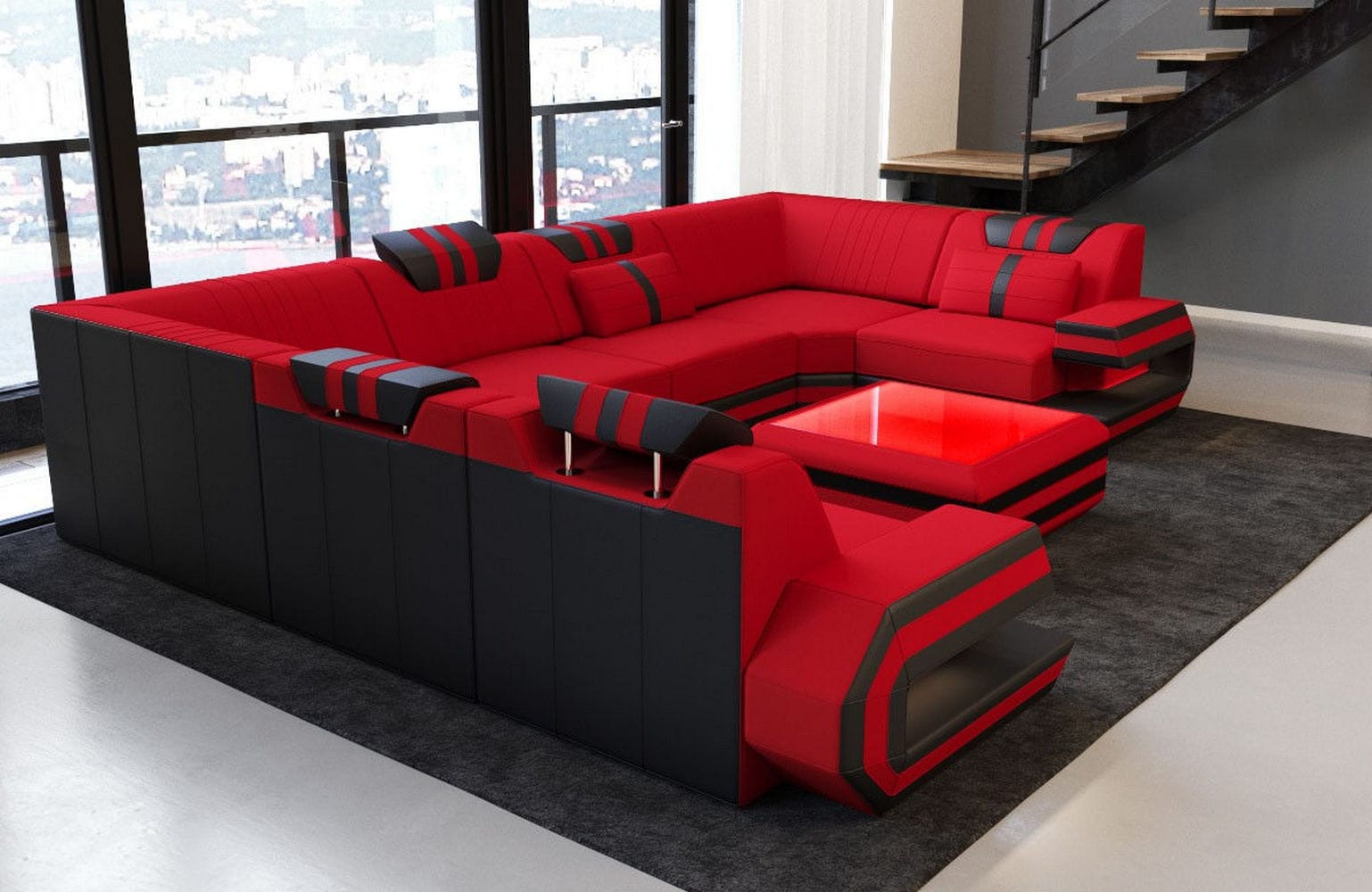 Wohnlandschaft Ragusa U-Form aus Stoff Rot-Schwarz