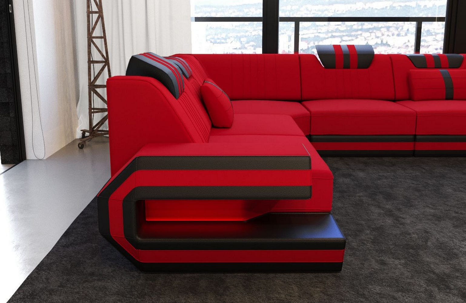 Wohnlandschaft Ragusa U-Form aus Stoff Rot-Schwarz