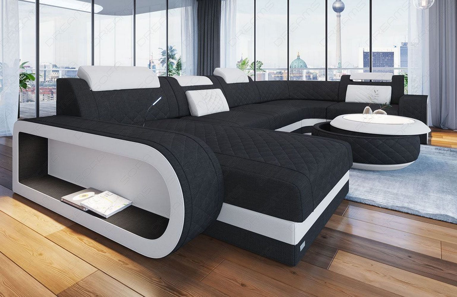 Stoff Wohnlandschaft Berlin U-Form Schwarz-Weiß