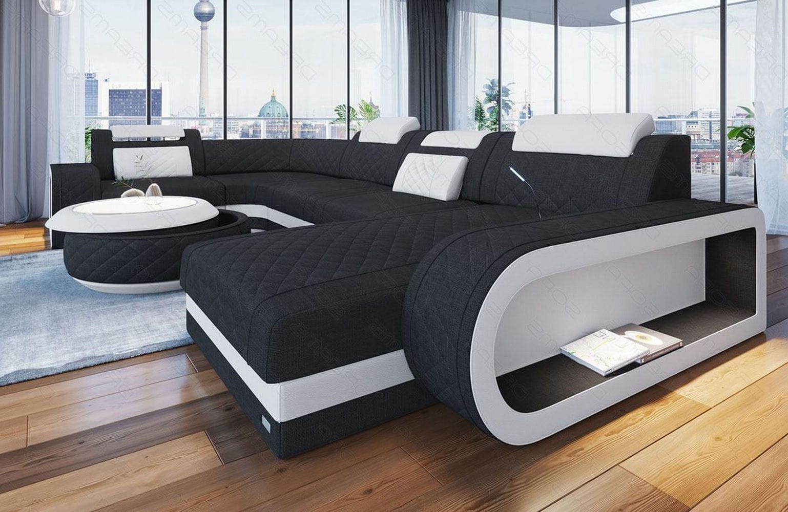 Stoff Wohnlandschaft Berlin U-Form Schwarz-Weiß