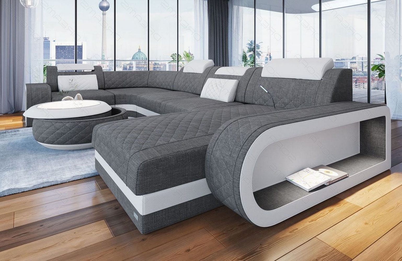Stoff Wohnlandschaft Berlin U-Form Grau-Weiß